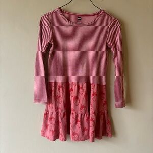 Tea Collection Pink Striped Long Sleeve Dress Size 5T Strawberry 100% Cotton